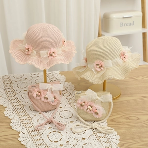 Ensemble chapeau de paille et sac à bandoulière pour filles avec fleurs et nœud