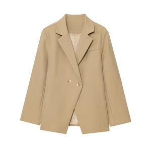 Elegant beige fitted blazer for women featuring classic double-button design and lapel