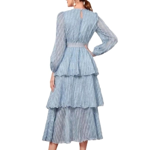 Detail of light blue tiered lace dress showing textured fabric and three-layer skirt design