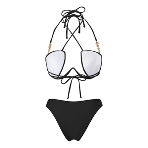 Detail view of the bikini top with chic gold chain straps and sleek contrast trim