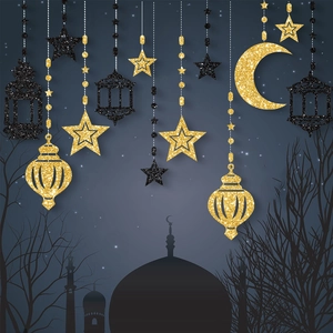 6pcs Eid Mubarak hanging ornaments with gold stars, moons and lanterns for festive decor