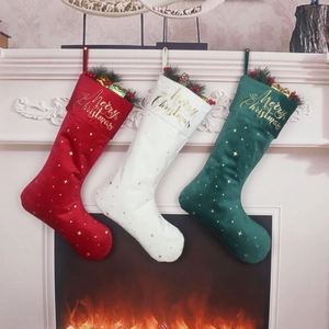 Christmas Stocking Velvet Gold Stars Embroidery Merry Christmas Hanging Fireplace Decor Holiday Gift Candy Bag