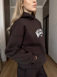 Dark brown oversized hoodie set with relaxed fit jogger pants and graphic chest print