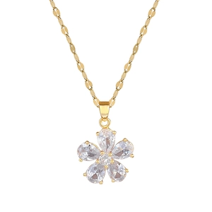 Elegant gold titanium steel necklace with a sparkling five-petal crystal flower pendant