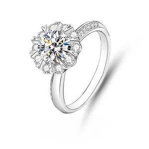 Detailed view of S925 silver ring featuring a floral halo setting with round moissanite