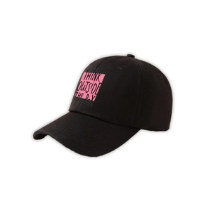 Detail of black cotton baseball cap featuring pink Think Outside the Box print