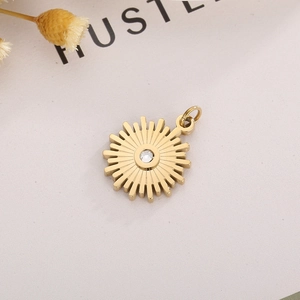 Golden sunburst gear pendant with sparkling zircon stone for DIY jewelry making