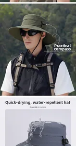 Detail of waterproof safari hat featuring a compass and adjustable chin strap