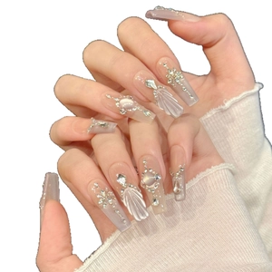 Sparkling long coffin press-on nails with lavender gradient, 3D shells and rhinestones