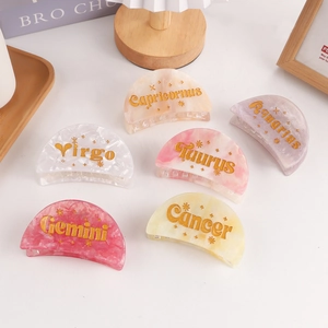 Constellation Half Moon Hair Claw Clips Acrylic Marble Twelve Zodiac Signs Gold Lettering Elegant Hair Accessories Women