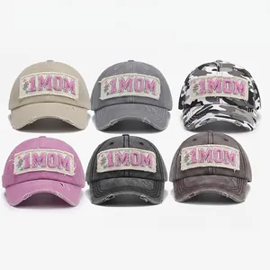 Vintage Distressed Cotton Baseball Cap For Women Men Washed Embroidered #1 MOM Letter Patch Adjustable Fashion Trucker Hat For Mother's Day Gift