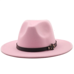 Classic pink wool fedora hat for women with black leather band and gold metal buckle