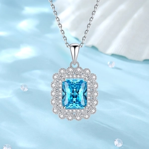 S925 silver necklace featuring a rectangular sea-blue gem pendant with double halo stones