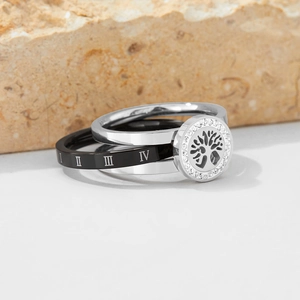 Three-piece stainless steel stacking rings with Tree of Life and Roman numeral details