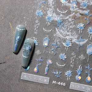 Blue and silver 5D embossed Christmas snowflake nail stickers with Chinese art patterns