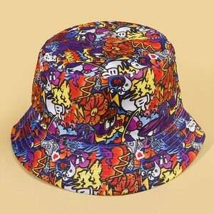 Double-sided hip hop bucket hat with colorful graffiti ghost print for streetwear