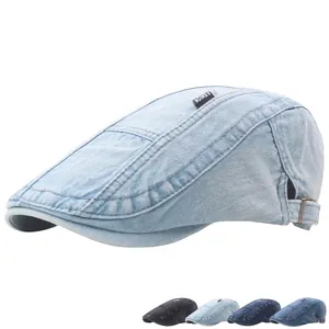 Adjustable denim newsboy cap for men featuring a FASHION woven label and metal buckle