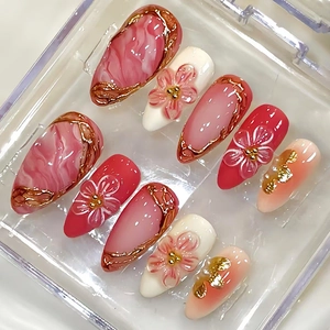 Press On Nails Camellia Flower Marble Design Golden Lines Artificial Pearls Almond Shape False Nails Elegant Manicure For Women
