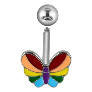 Piercing de nombril papillon arc-en-ciel en acier inoxydable avec émail coloré sur fond blanc