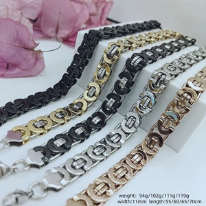 Detailed view of titanium steel necklaces in gold, silver and black with sizing specs