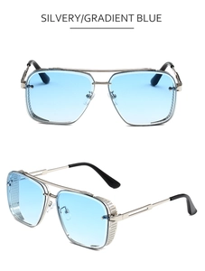 Steampunk sunglasses detail with silver metal frames and gradient blue lenses in dual views