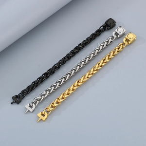 Close-up of 10mm stainless steel braided basket weave bracelets in black, gold and silver