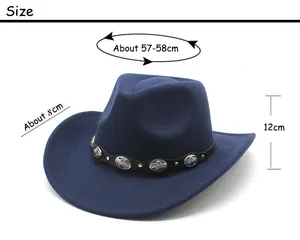 Size chart for dark blue wool felt jazz fedora with detailed dimensions in English