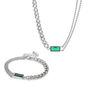 Vintage titanium steel necklace and bracelet set with emerald green zircon pendant