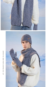 Detail of blue-grey knitted winter set including hat, scarf, and touch gloves for outdoor