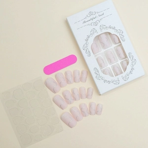 24-piece pink press-on nails with silver glitter wavy lines in window gift box packaging