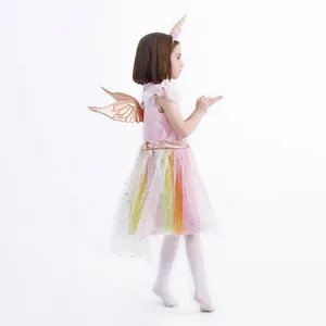 Kids unicorn princess dress with rainbow tutu and golden wings for Halloween cosplay