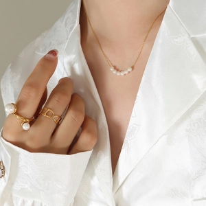 Gold plated stainless steel beaded pearl pendant necklace and elegant ring set for women