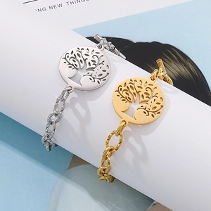 Retro stainless steel Tree of Life pendant bracelet with OT toggle clasp in gold and silver