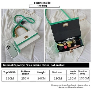 Size guide for white faux-croc shoulder bag with bamboo handle and interior capacity