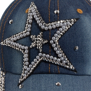 Blue denim baseball cap with rhinestone star and pearl trim in retro vintage style