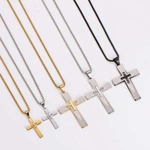 Religious layered cross pendant necklace in gold, silver and black stainless steel
