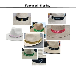 Close-up of customizable hat bands in various colors with personalized brand logos
