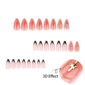 French almond press-on nails with 3D gold stars and pink gradient finish, 24pcs set