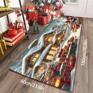 Detailed view of long Christmas hallway runner rug with Santa Claus scene, 60x180cm size