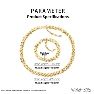 Polished gold stainless steel link chain necklace and bracelet set jewelry details