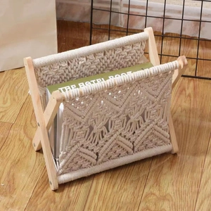 Bohemian cotton rope woven magazine rack with foldable natural solid wood frame for home decor