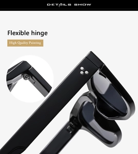 Close-up of flexible metal hinge and star rivets on high-quality black square sunglasses