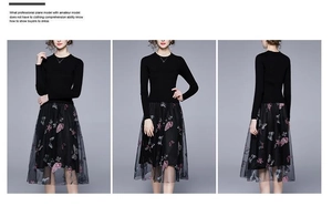 Dettaglio ricamo farfalla su gonna in tulle nero e top in maglia aderente