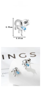 Detailed view of silver jellyfish stud earrings showing 0.95cm height and blue zircon gem