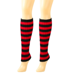 Detail showing red and black striped knit leg warmers on calf with tight fit texture