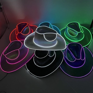 Close-up of assorted LED neon cowboy hats in six vibrant glowing colors for parties