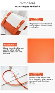Detailed view of orange and white contrast crossbody bag with lychee texture and gold hardware