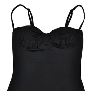 Detail of black slim-fit bodycon dress featuring pleated cups and thin shoulder straps