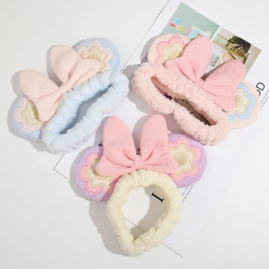 Plush Face Washing Headband Soft Coral Fleece Large Bow Embroidery Flower Elastic Hair Band For Makeup Skincare Shower Cute