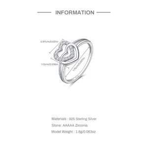 Detail view of S925 sterling silver heart ring with zirconia and precise size measurements
